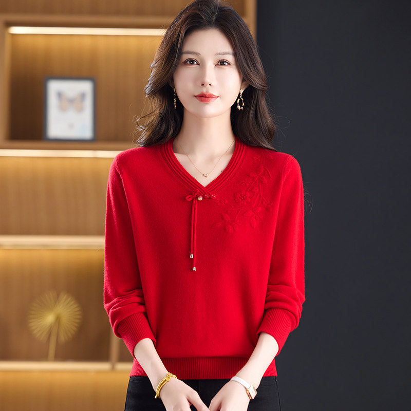韩式V领100%羊毛衫女红色流苏宽松妈妈装气质针织毛衣洋气上衣