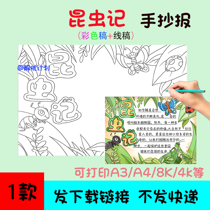 暑假阅读昆虫记手抄报电子稿模板A3/A4/8K好书推荐线稿2