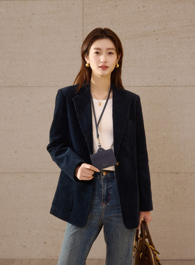 藏青色灯芯绒西装外套女春季2026新款高级感显瘦百搭西服