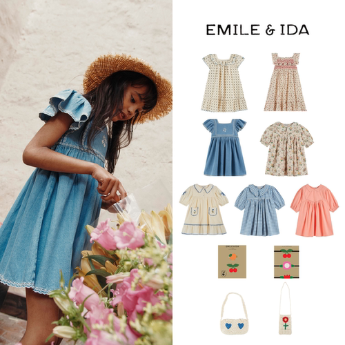 现货 法国 emile et ida 25ss 春夏女童甜美碎花翻领连衣裙发夹包