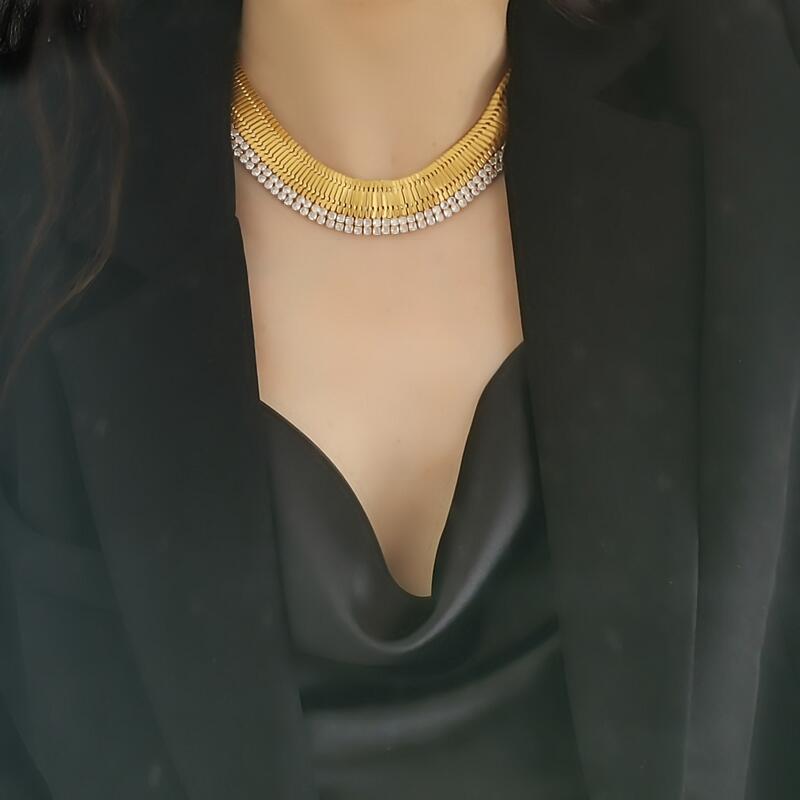 复刻中古夸张宽版表带镶钻颈链vintage小众轻奢气质软项链choker