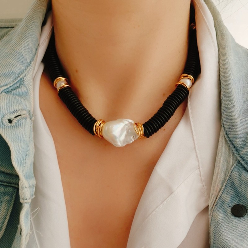 欧美小众复古个性椰壳天然巴洛克珍珠颈链时尚百搭潮酷朋克风项链