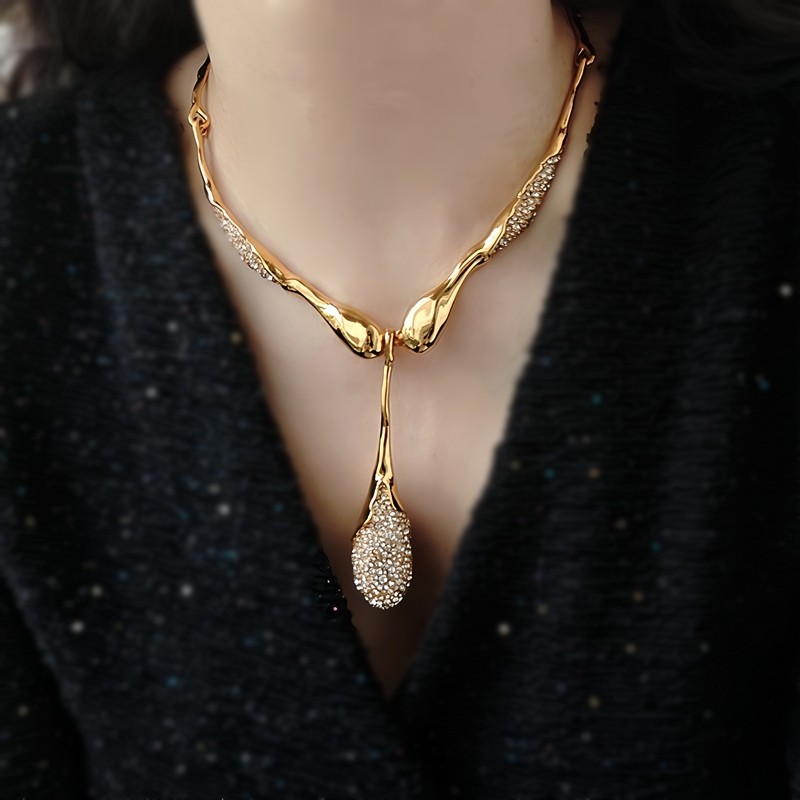 欧美小众轻奢设计师不规则金色水滴吊坠项链ins时尚镶钻锁骨链女