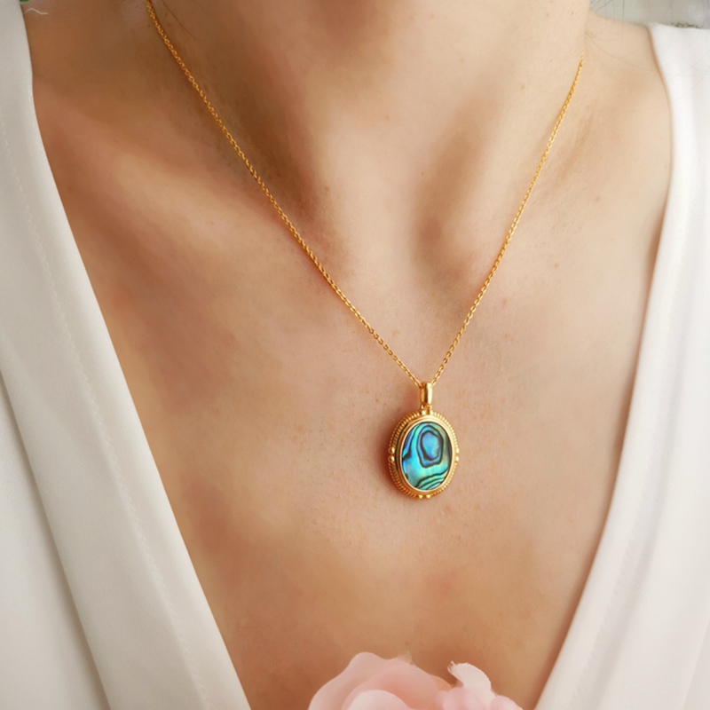欧美小众复古简约炫彩鲍鱼贝项链vintage百搭椭圆高级感锁骨链女