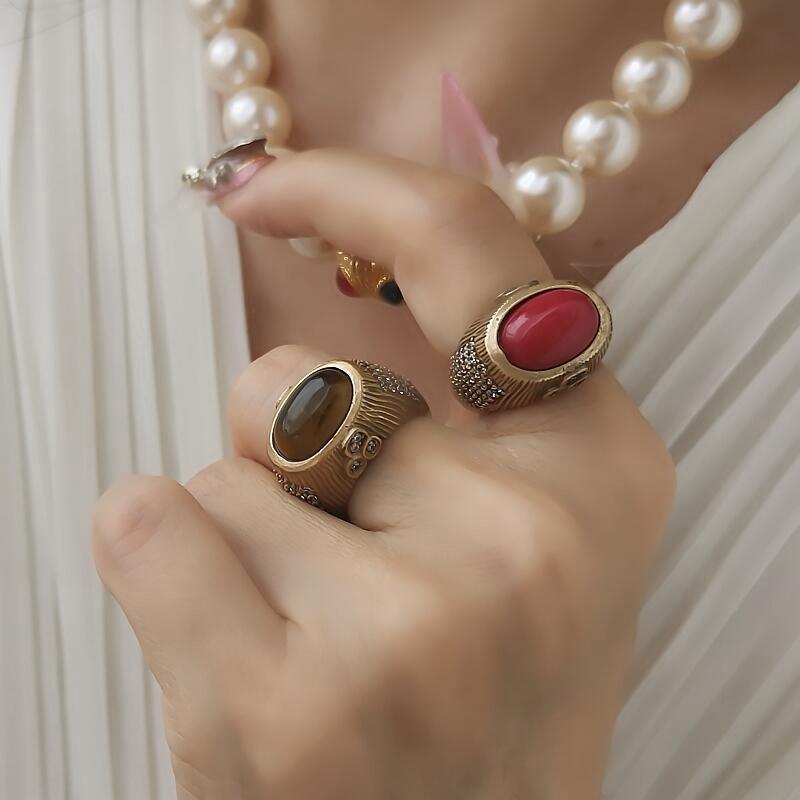 欧美小众复古立体椭圆镶钻戒指女