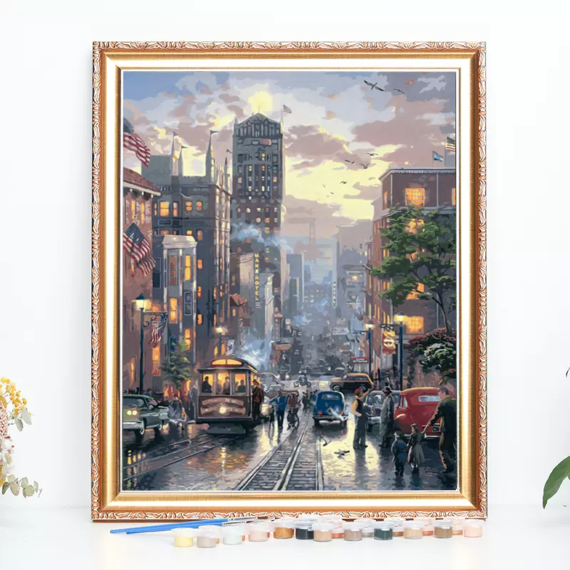 数字油画diy填色画夜景纽约巴黎威尼斯客厅挂画沙发背景墙装饰画