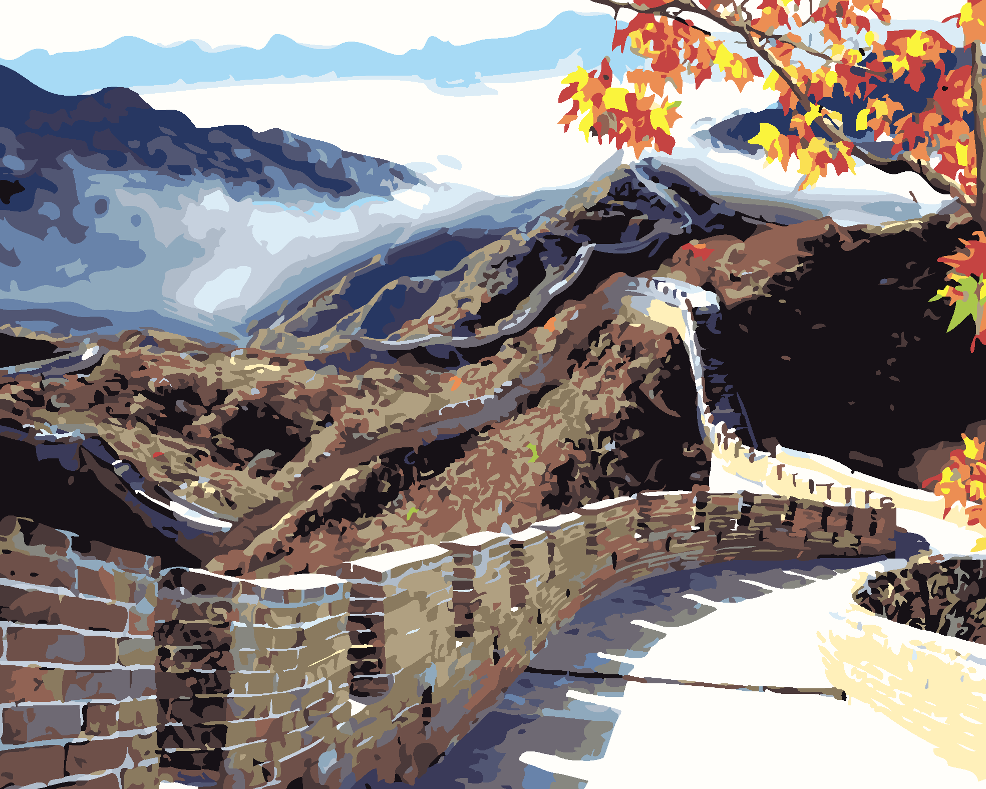 数字油画diy  巍峨长城 建筑风景名胜客厅淡彩减压填色手绘装饰画