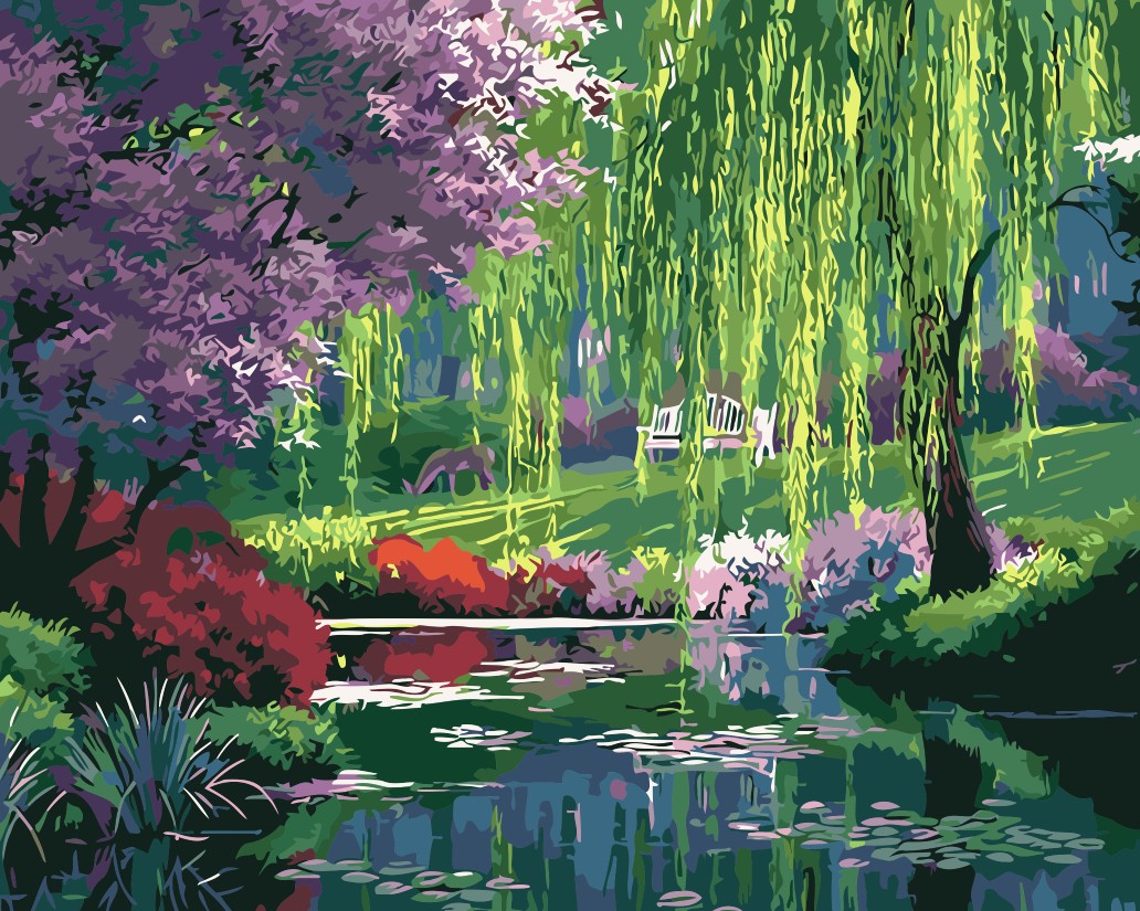 数字油画diy  简约自然风景客厅淡彩简单填色手绘装饰画 河边柳树