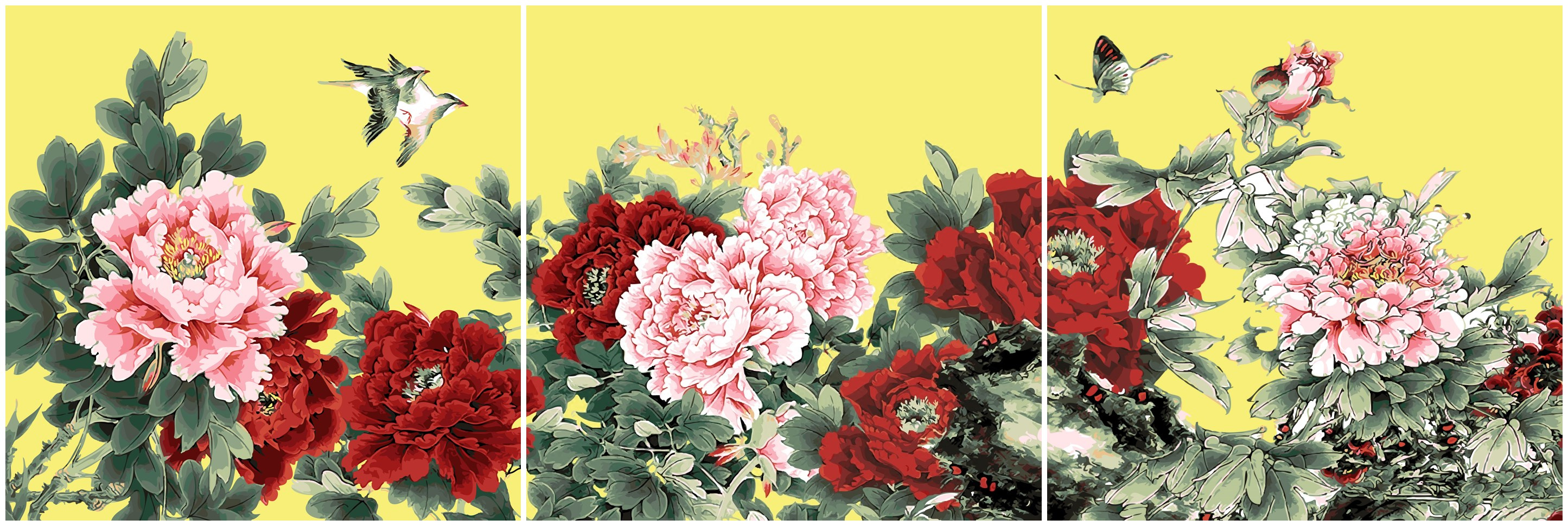 数字油画diy中国风花卉客厅淡彩丙烯填色手绘装饰壁画 花鸟牡丹图