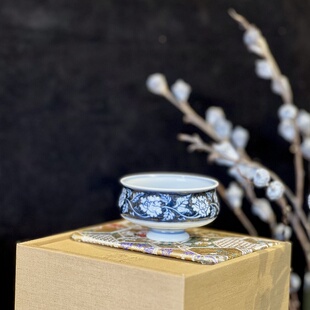 【元煦窑】青花 蓝地缠枝牡丹高足杯