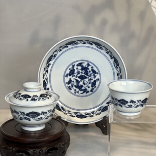 【松风馆】仿明 青花 灵芝套组 盖碗 撇口杯 壶承