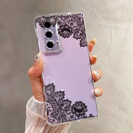 热瓜适用于荣耀MagicV5/V3/VS3/V2RSR/VS2手机壳折叠屏保护套新款高档气质UV透明壳全包潮防摔套黑色蕾丝花朵
