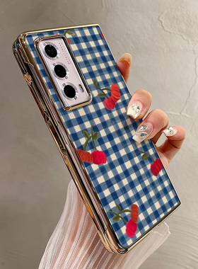 热瓜适用荣耀MagicV5/VS3手机壳折叠屏保护套电镀蓝色格子车厘子创意金边新款翻盖Magic V2RSR/VS2高档全包套