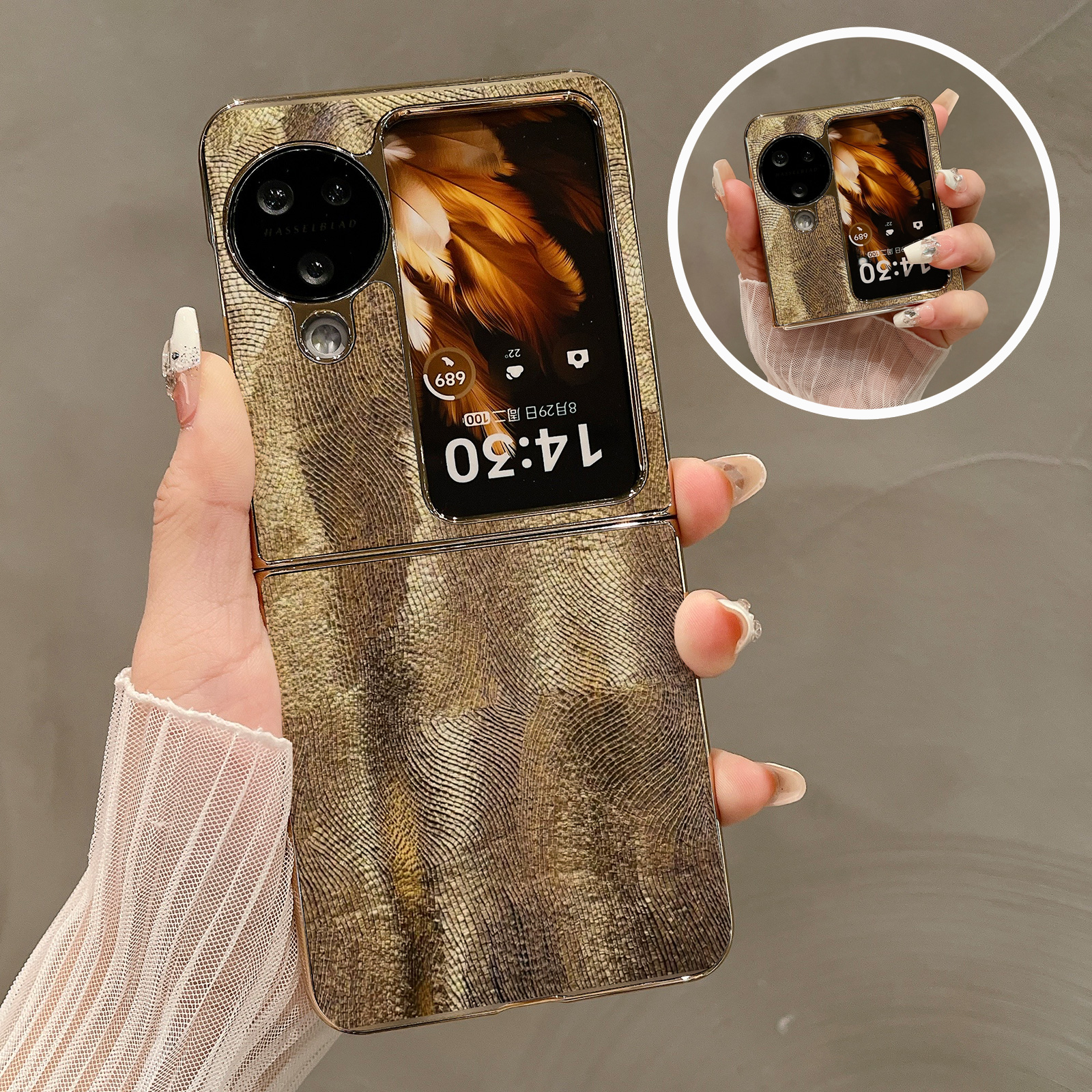 热瓜适用于OPPOFindN3flip/N2flip手机壳折叠屏保护套新款高档气质电镀金边外壳轻奢全包防摔套富贵金色细纹