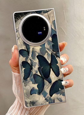 热瓜适用VIVOXFold5手机壳折叠屏保护套银色发光蓝色蝴蝶油边新款时尚xfold3pro/xfold2高档翻盖视窗全包套