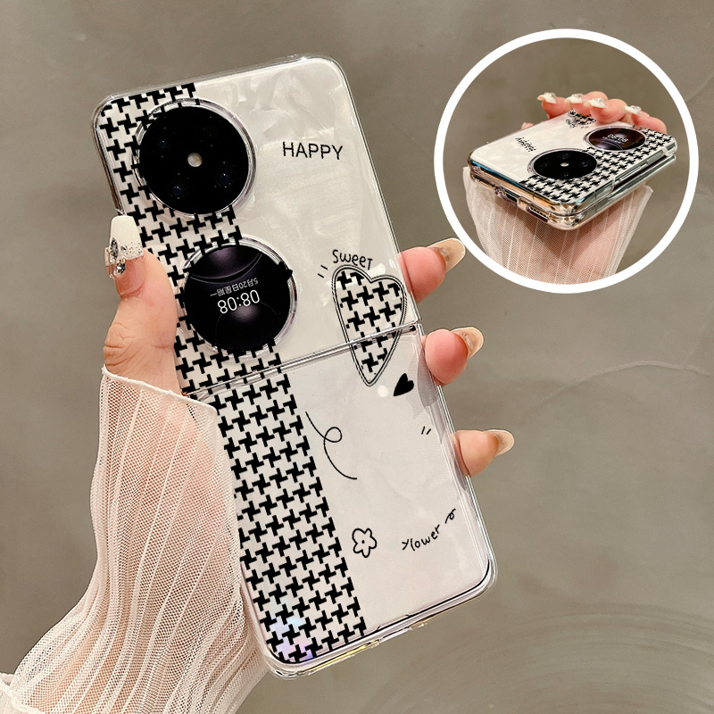 热瓜适用华为P50pocket手机壳Pocket2折叠屏保护套银色针织纹理爱心透明新款pockets创意高档翻盖视窗全包套