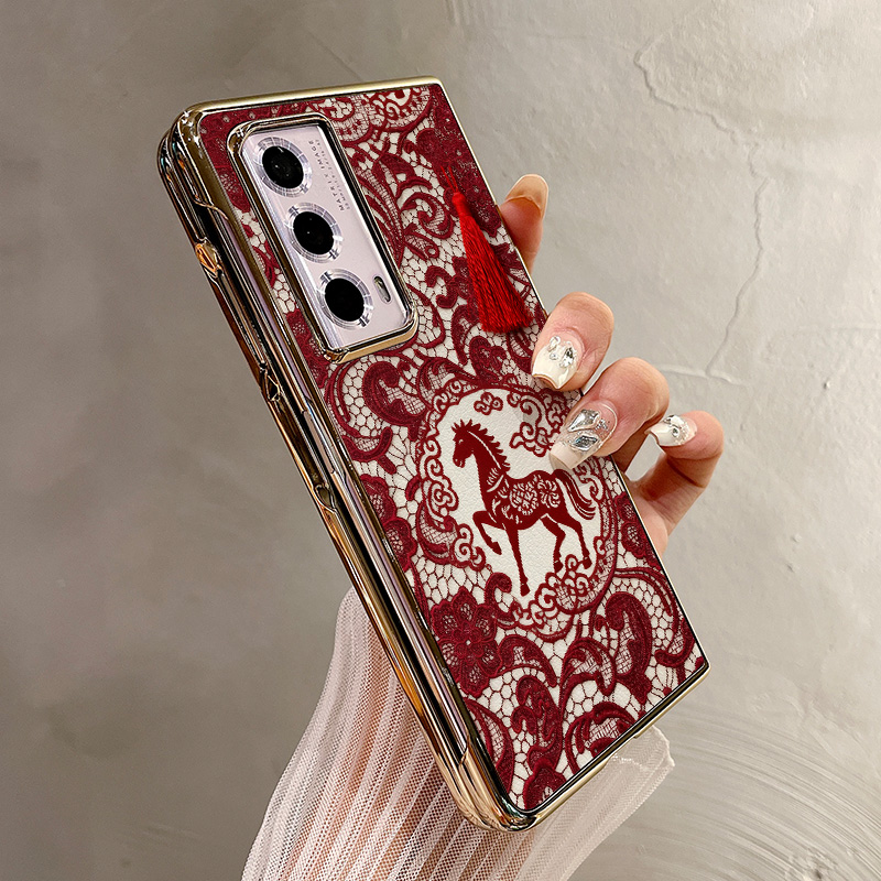 热瓜适用于荣耀MagicV5/V3/VS3/V2RSR/VS2手机壳折叠屏保护套新款高档气质电镀金边全包潮防摔套马年红色蕾丝