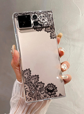 热瓜适用于小米MIXFold4/mixfold3/mixfold2手机壳折叠屏保护套新款高档气质UV透明壳全包防摔套黑色蕾丝花朵