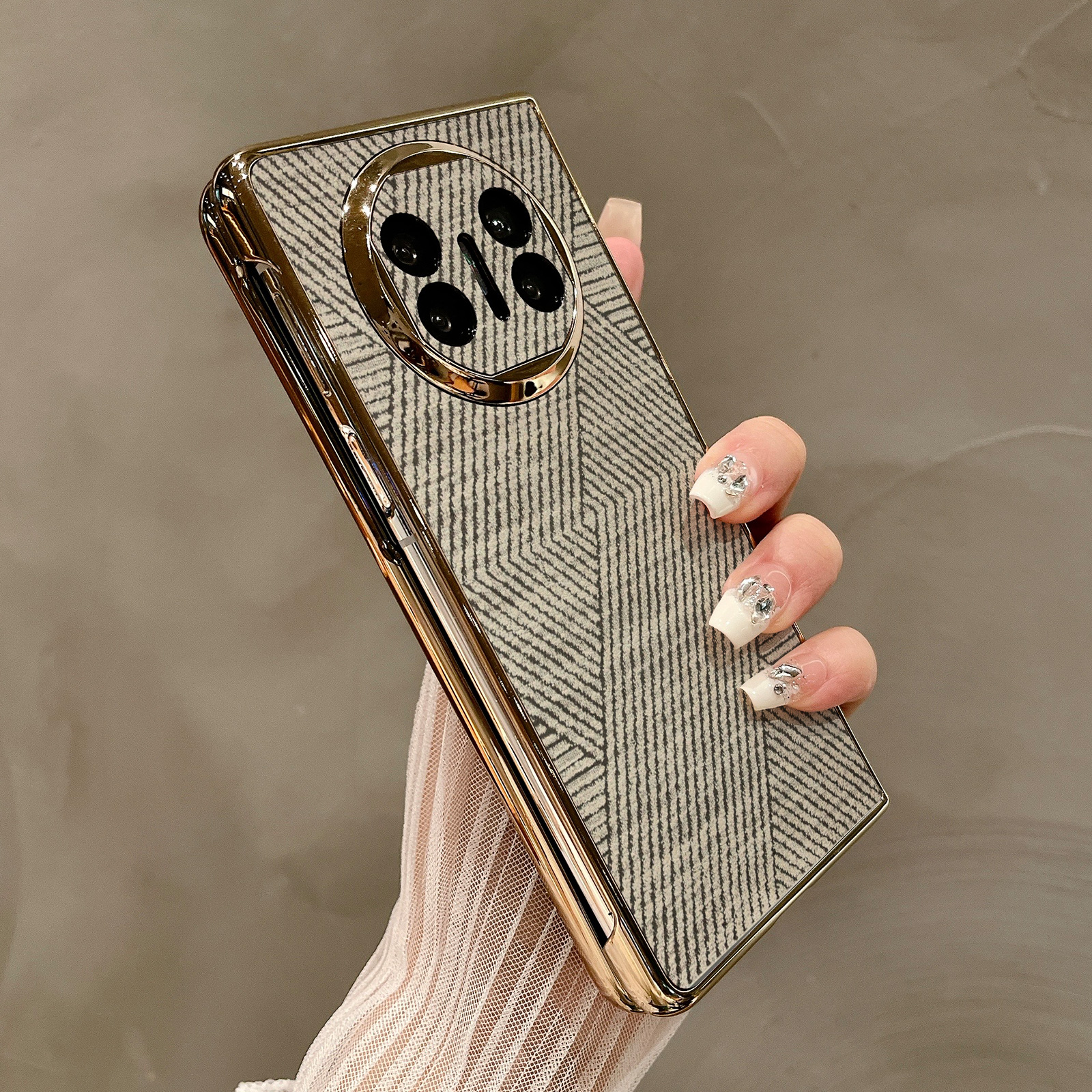 热瓜适用华为MateX6手机壳折叠屏保护套创意棱格条纹电镀金边新款MateX5/X3高档折叠壳奢华高级感全包套