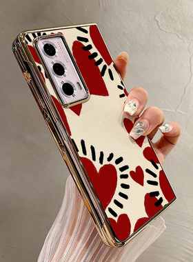 热瓜适用荣耀MagicV5/VS3手机壳折叠保护套红色创意涂鸦爱心电镀金边新款气质Magic V2RSR/VS2高档全包防摔套