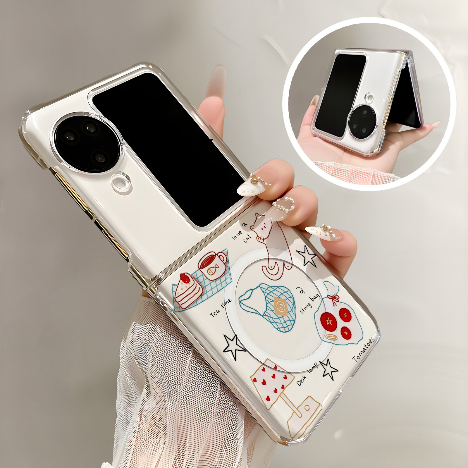热瓜适用于OPPOFindN3flip手机壳折叠屏保护套新款高档UV透明壳背面无线磁吸圈全包潮简约防摔套奶白星星猫咪