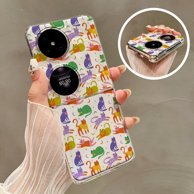 热瓜适用于华为P50pocket/Pocket2/pocketS手机壳折叠屏保护套新款气质高档UV透明壳全包防摔套多彩卡通猫咪