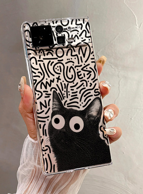 热瓜适用于小米MIXFold4/mixfold3/mixfold2手机壳折叠屏保护套新款高档气质UV透明壳全包防摔套涂鸦黑色猫咪
