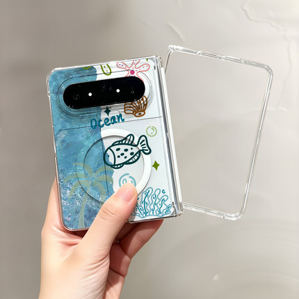 热瓜适用于华为PuraXMax手机壳折叠屏保护套新款中轴/背面无线磁吸UV透明壳典藏高档全包防摔套清凉海洋小鱼