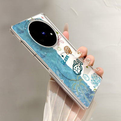 热瓜适用于VIVOXFold6/5/3pro手机壳折叠保护套新款双中轴背面无线磁吸UV透明壳高档全包防摔套清凉海洋小鱼