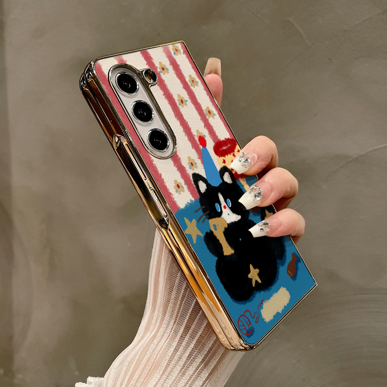 热瓜适用于三星GalaxyZFold7/6/5/4/3手机壳折叠屏保护套新款高档电镀金边高级感全包防摔套蓝地毯可爱小黑猫