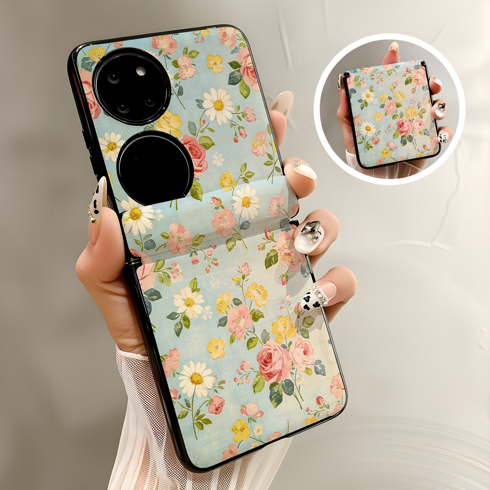 热瓜适用于华为Pocket2/P50pockets手机壳新款高档磁吸中轴皮纹折叠保护套全包小清新防摔套时尚蓝底碎花油画,3C数码配件,手机保护套/壳,淘宝优惠券,粉丝福利购,淘宝优惠卷