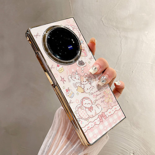 热瓜适用于VIVOXFold5/xfold3pro/xfold2手机壳折叠屏保护套新款高档气质电镀金边全包潮防摔套粉色爱心小猫