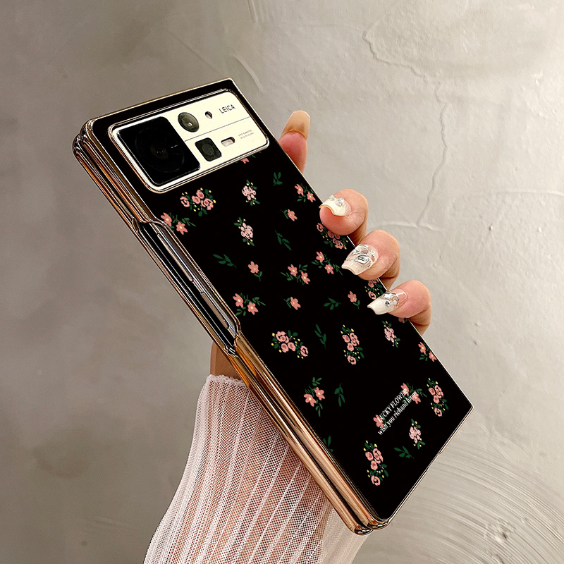 热瓜适用于小米MIXFold4/mixfold3/mixfold2手机壳折叠屏保护套新款高档气质电镀金边全包防摔套黑底粉色碎花