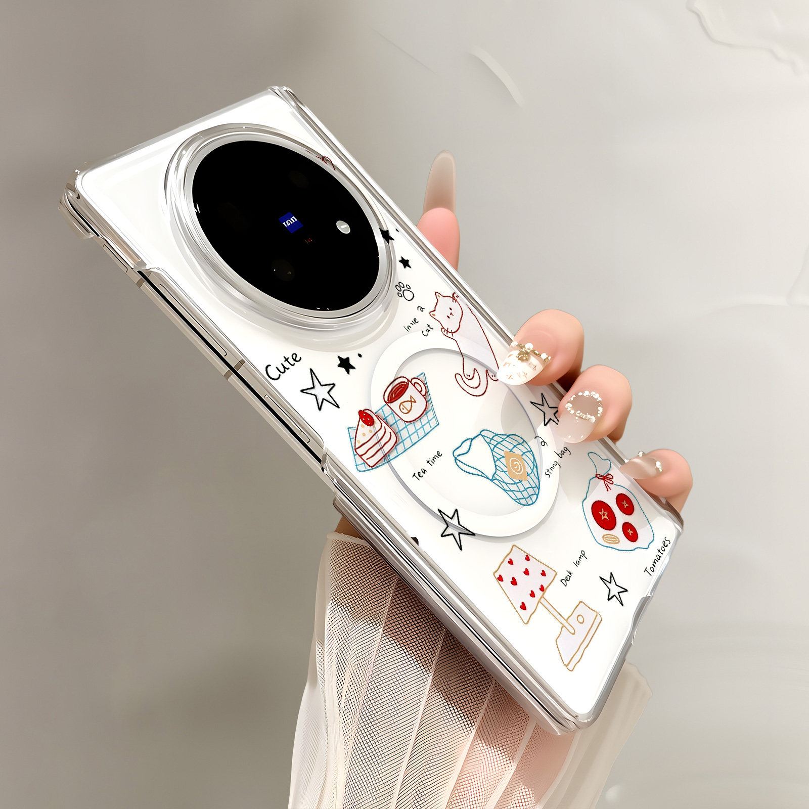 热瓜适用于VIVOXFold6/5/3pro手机壳折叠保护套新款双中轴背面无线磁吸UV透明壳高档全包防摔套奶白星星猫咪