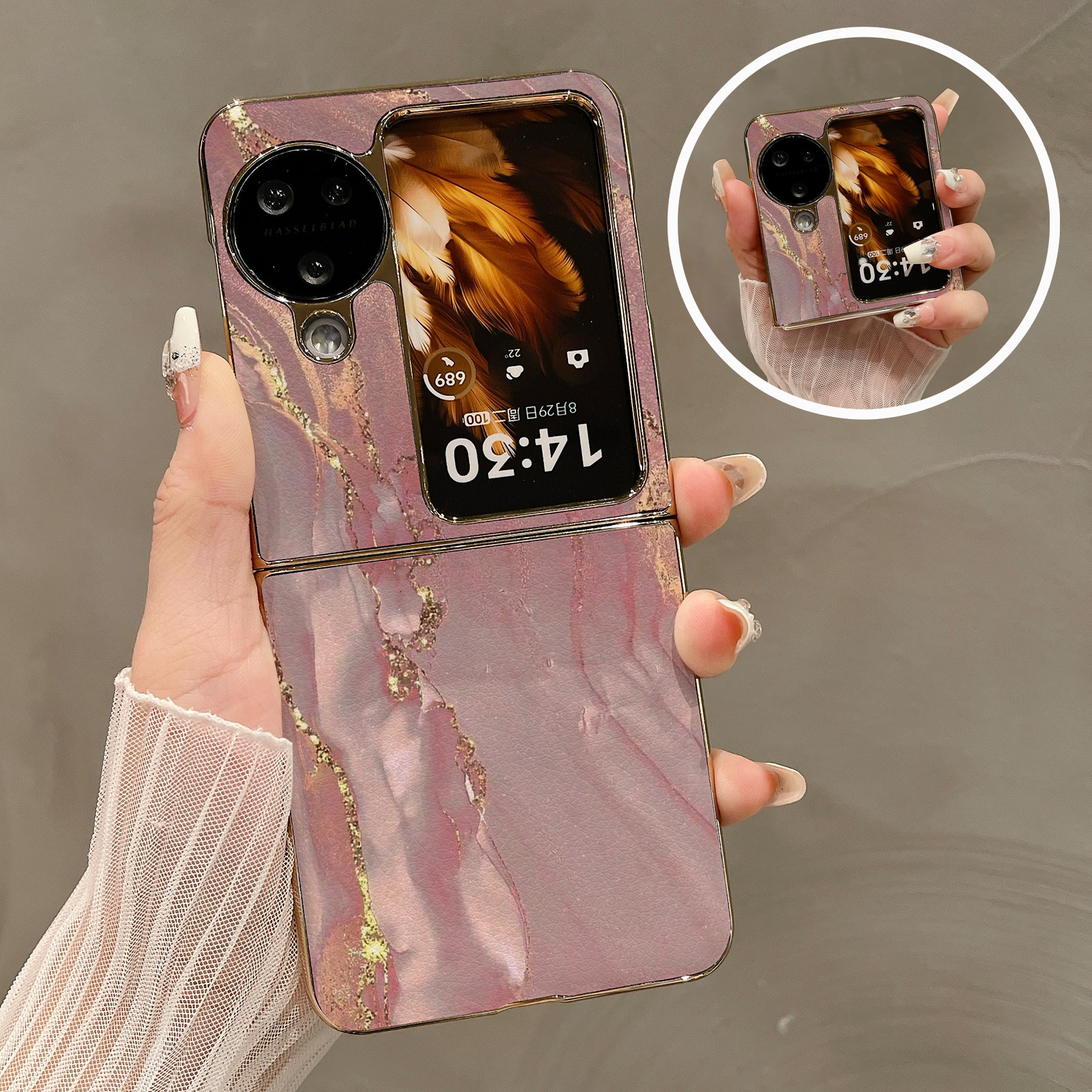 热瓜适用OPPOFindN3flip手机壳折叠屏保护套粉金箔大理石电镀金边新款气质findn2flip高档奢华翻盖视窗全包套