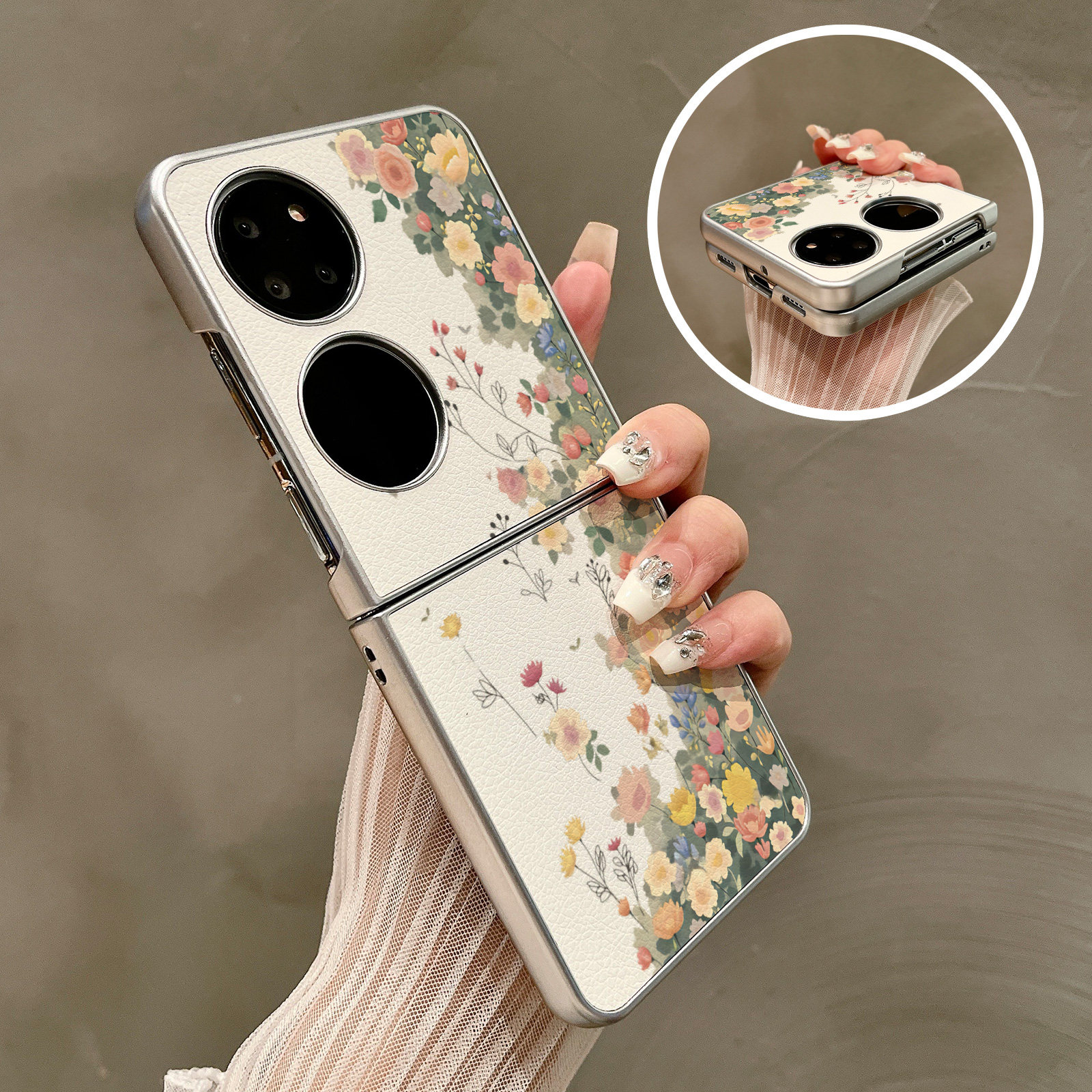 热瓜适用于华为P50pocket/Pocket2/pocketS手机壳折叠保护套新款气质高档银色油全包防摔套小清新彩色鲜花朵