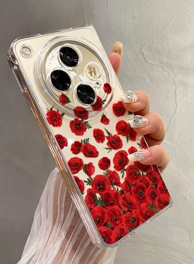 热瓜适用于OPPOFindN5/N3/N2手机壳左右折叠屏保护套新款高档气质UV透明壳高级感全包防摔套时尚红色玫瑰花朵