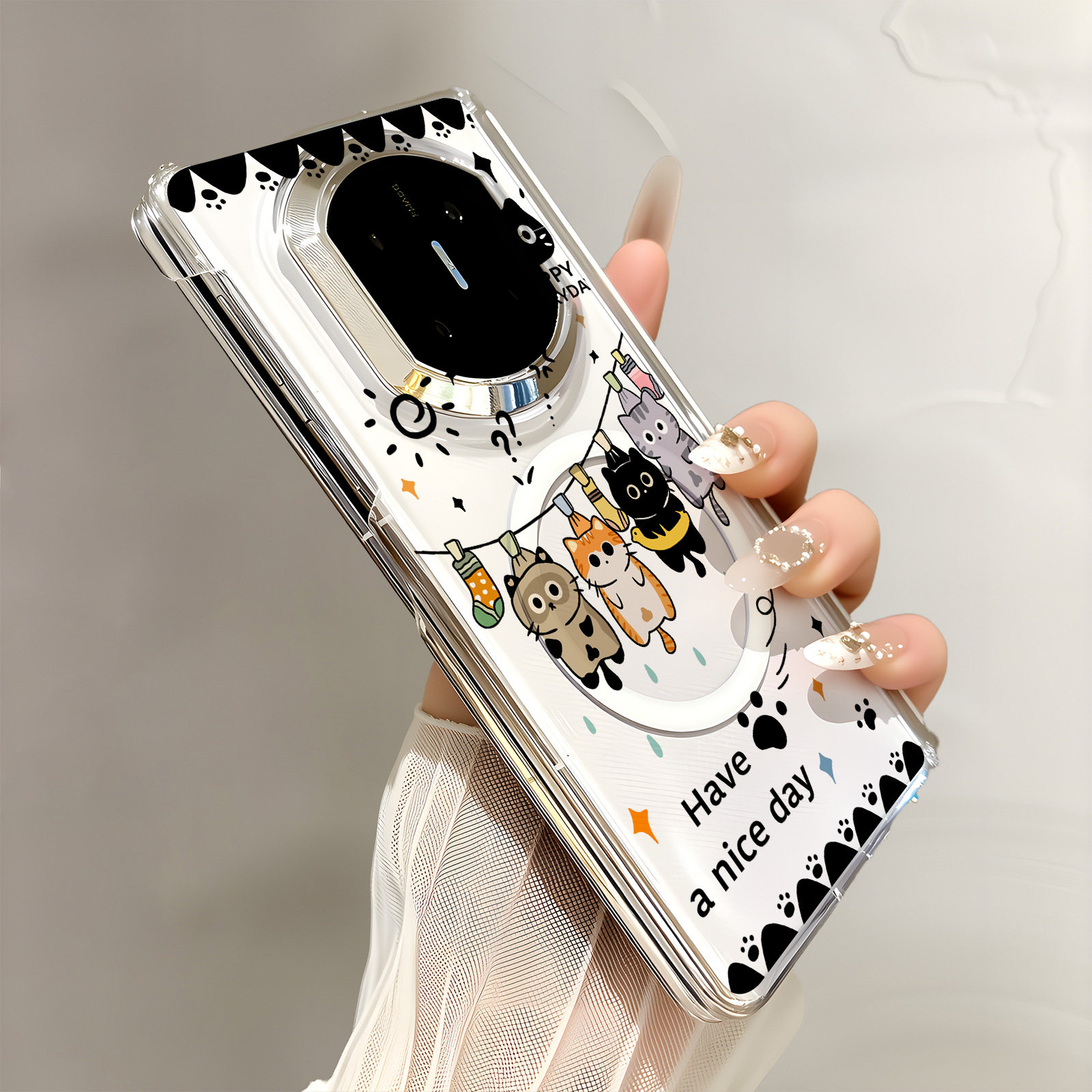 热瓜适用于华为MateX7/X6/X5手机壳折叠屏保护套新款双中轴背面无线磁吸UV透明壳高档全包防摔套挂晒可爱猫咪