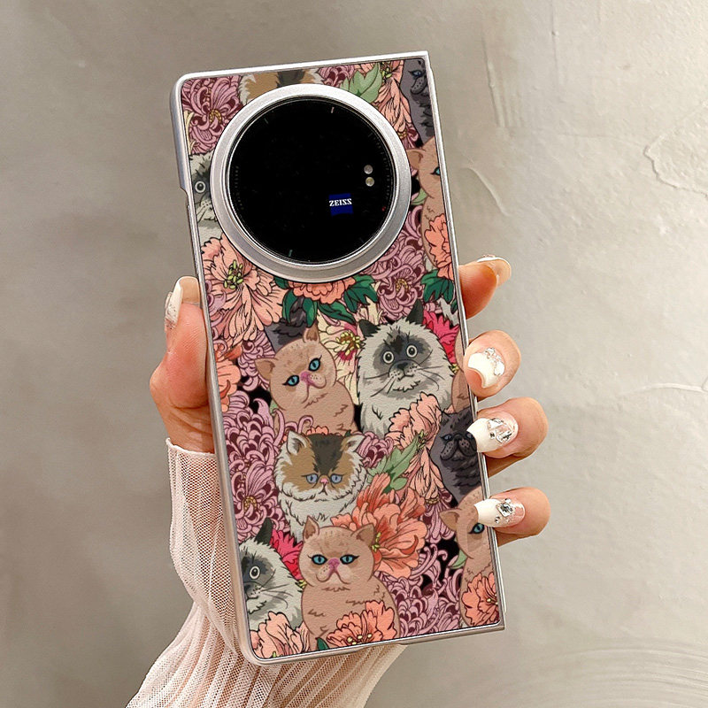 热瓜适用VIVOXFold5手机壳折叠屏保护套银色手绘鲜花小猫咪油边新款时尚xfold3pro/xfold2高档翻盖视窗全包套