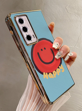 热瓜适用荣耀MagicV5/VS3手机壳折叠屏保护套英文字红色笑脸电镀金边新款气质Magic V2RSR/VS2高档全包防摔套