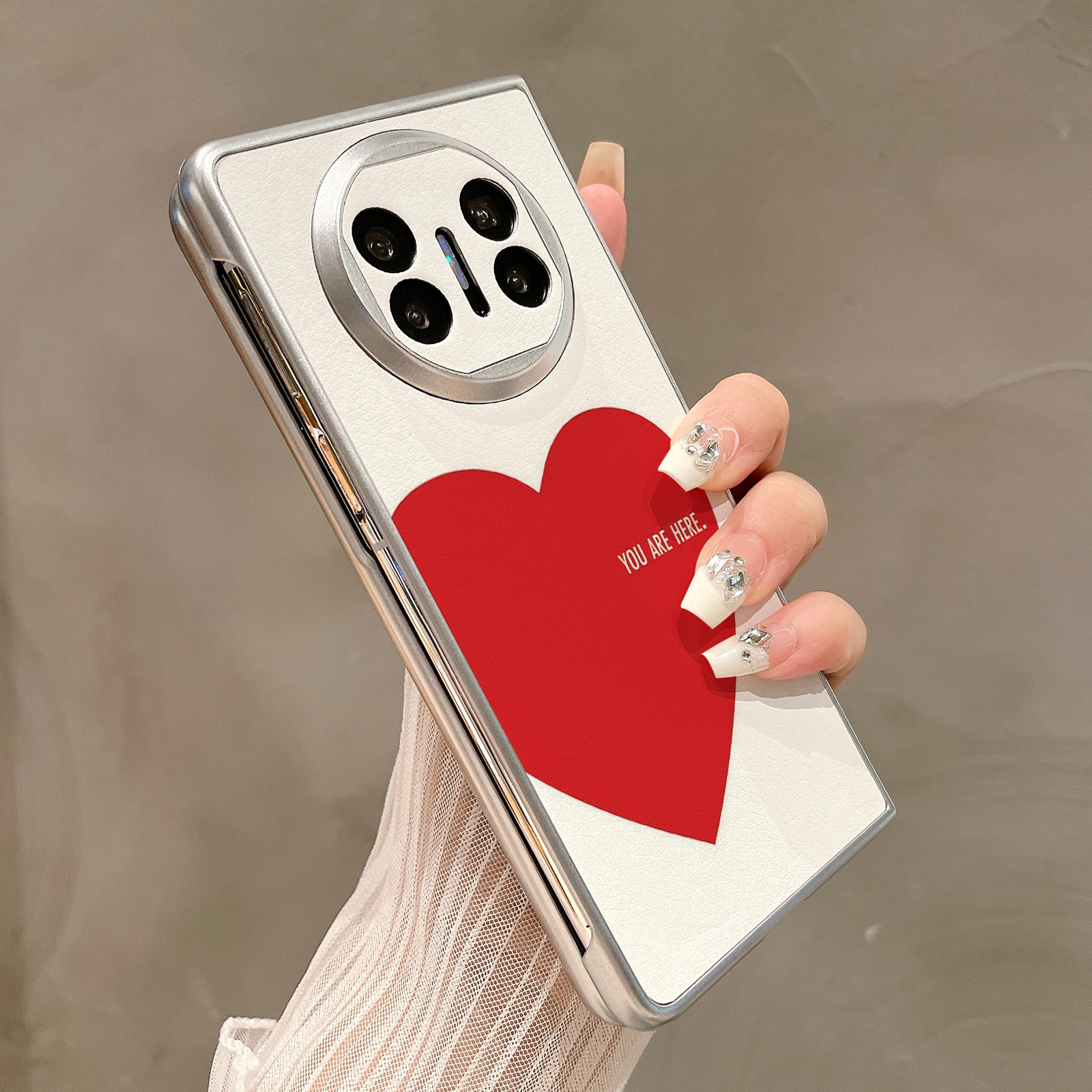 热瓜适用华为MateX6手机壳折叠屏保护套银色白色底红色爱心油边新款翻盖MateX5/X3高档折叠壳奢华全包套