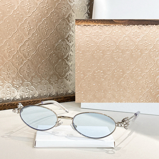 金属椭圆小框太阳眼镜女士CARAT奢华镶钻遮阳墨镜男防紫外线银蓝