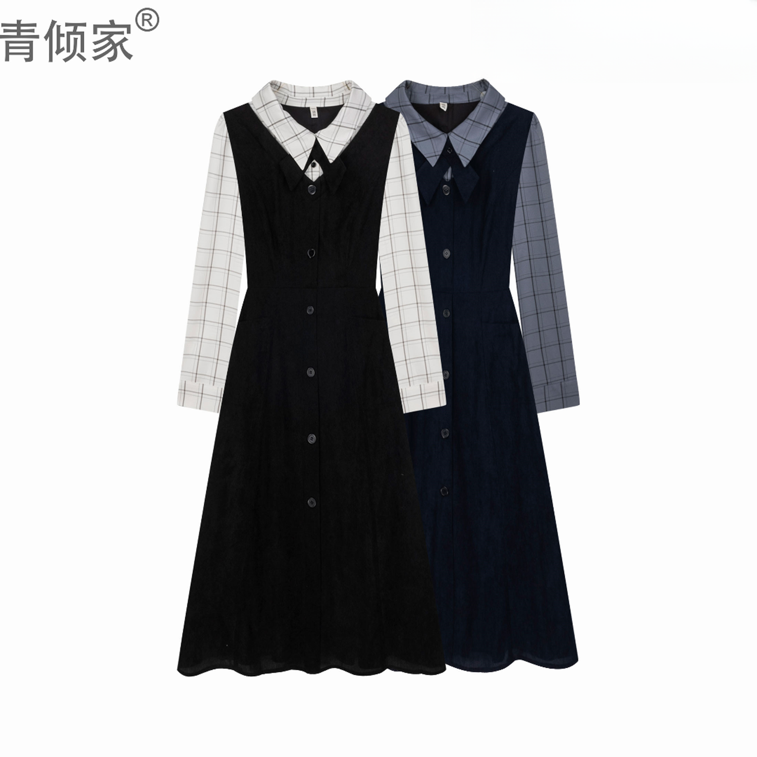 青倾家秋季法式复古美拉德格子衬衫背心裙假两件连衣裙【流光若梦