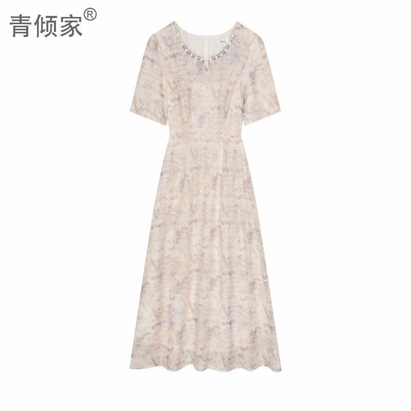 青倾家山黛暮雪棉麻红刺绣原创连衣裙女装夏季收腰显瘦气质长裙