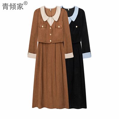 青倾家【美学公式】法式复古假两件长袖秋装遮肚子显瘦连体裙