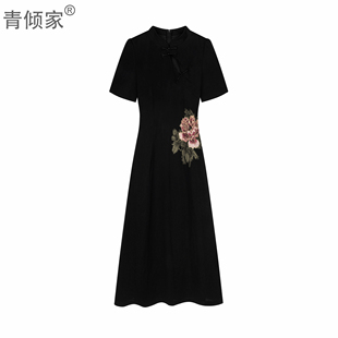 牡丹花语 青倾家大码 微胖mm复古夏中式 国风刺绣修身 改良旗袍黑色