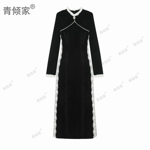青倾家【冬日雪媚娘】民国千金黑色旗袍名媛加绒加厚年轻款礼服裙