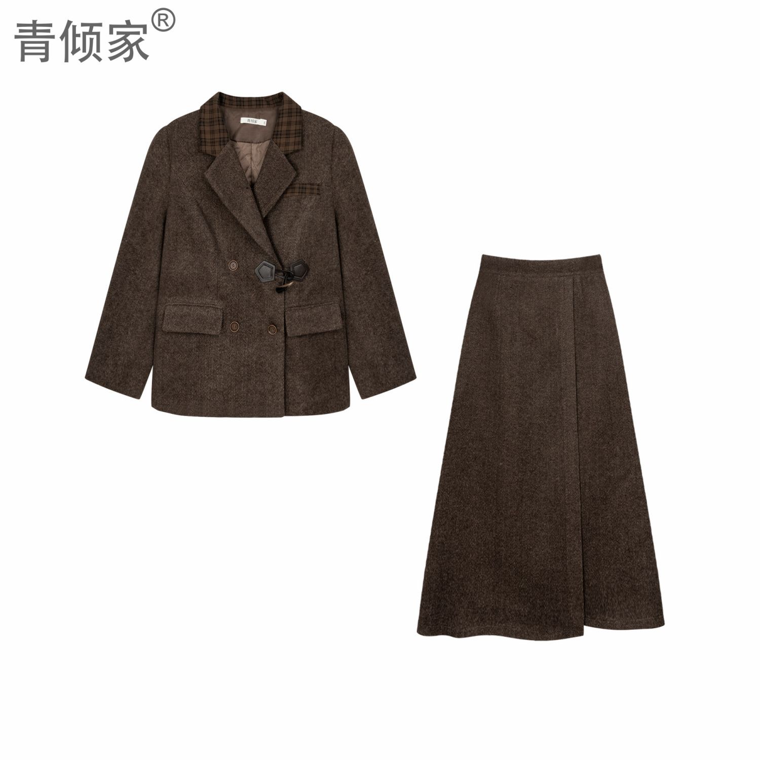 冬季格纹拼接毛呢新年穿搭外套上衣女不规则半身裙套装【新年战袍