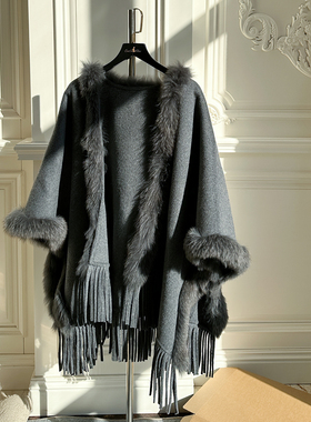 Morri chen狐狸毛灰色斗篷女秋冬 羊毛流苏披肩外套气质名媛披风