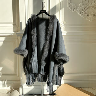 Morri 羊毛流苏披肩外套气质名媛披风 chen狐狸毛灰色斗篷女秋冬